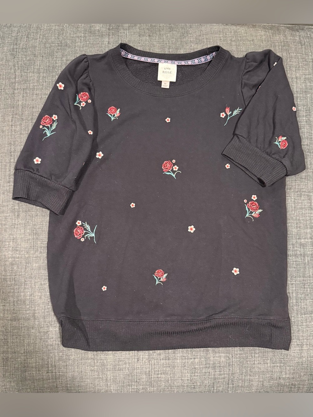 Knox Rose Black Knit Tee with Red Rose Embroidery